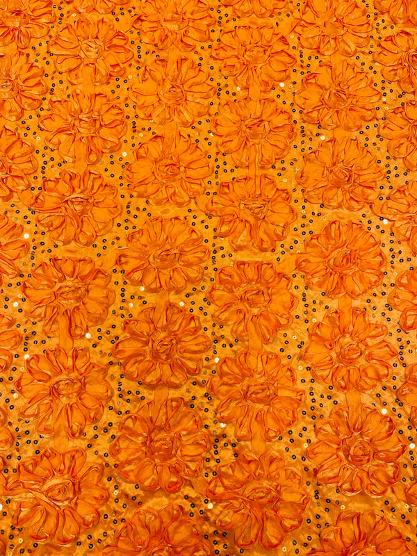Satin Rosette Sequins Fabric - Orange - 3D Rosette Satin Rose Fabric with Sequins By Yard
