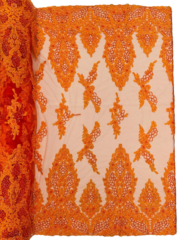 Heavy Bead Floral Fabric - Orange - Beaded Flower Design Fabric Fancy Border By Yard