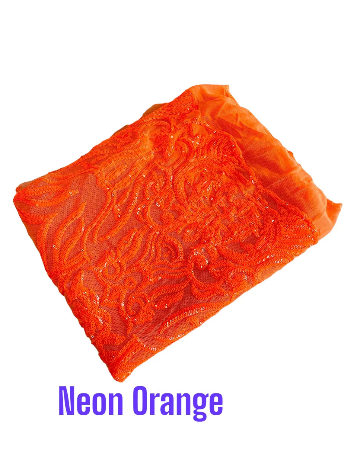 4 Way Stretch Fabric - Neon Orange - Sequins Design on Spandex Mesh Fashion Fabric