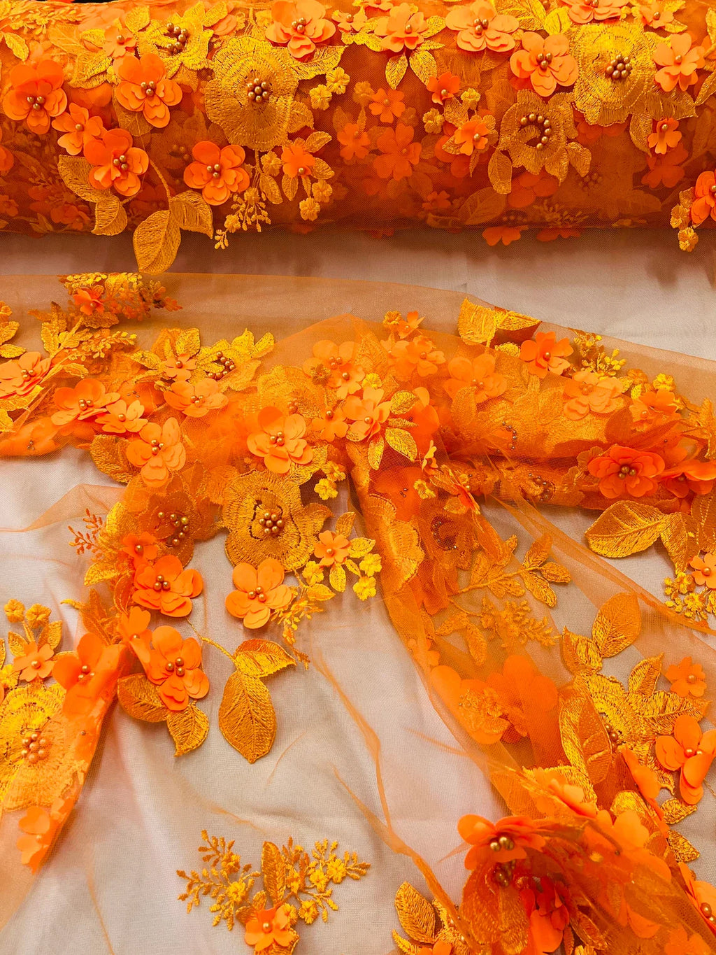 Floral 3D Rose Fabric - Orange - Embroided Rose Flower Design Fabric Sold by Yard