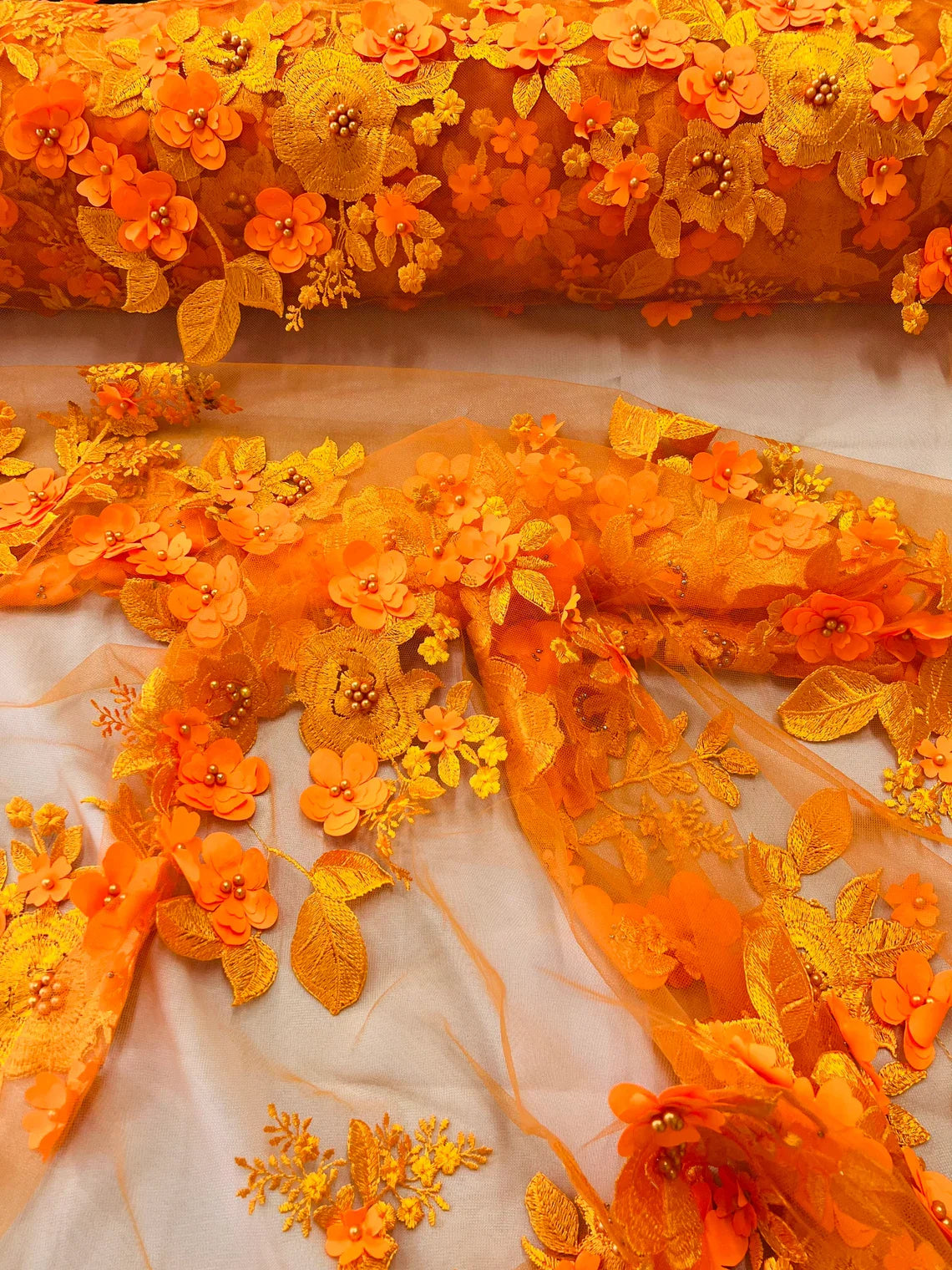 Floral 3D Rose Fabric - Orange - Embroided Rose Flower Design Fabric Sold by Yard