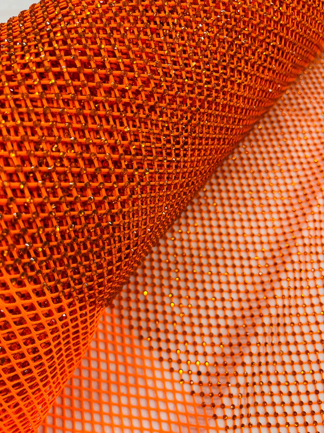 Fish Net Spandex Rhinestone Fabric - Orange - Solid Spandex Fish Net Design Fabric with Rhinestones by Yard