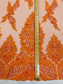 Heavy Bead Floral Fabric - Orange - Beaded Flower Design Fabric Fancy Border By Yard