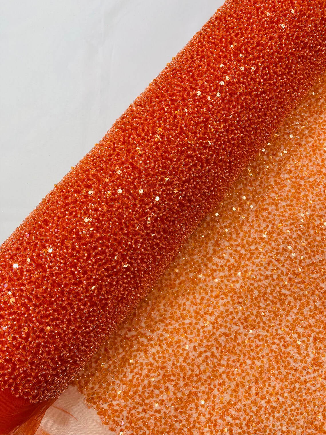 2 1/2 Pearl Sequins Bead Fabric - Orange - Small Beads and Sequins Embroidered on Lace