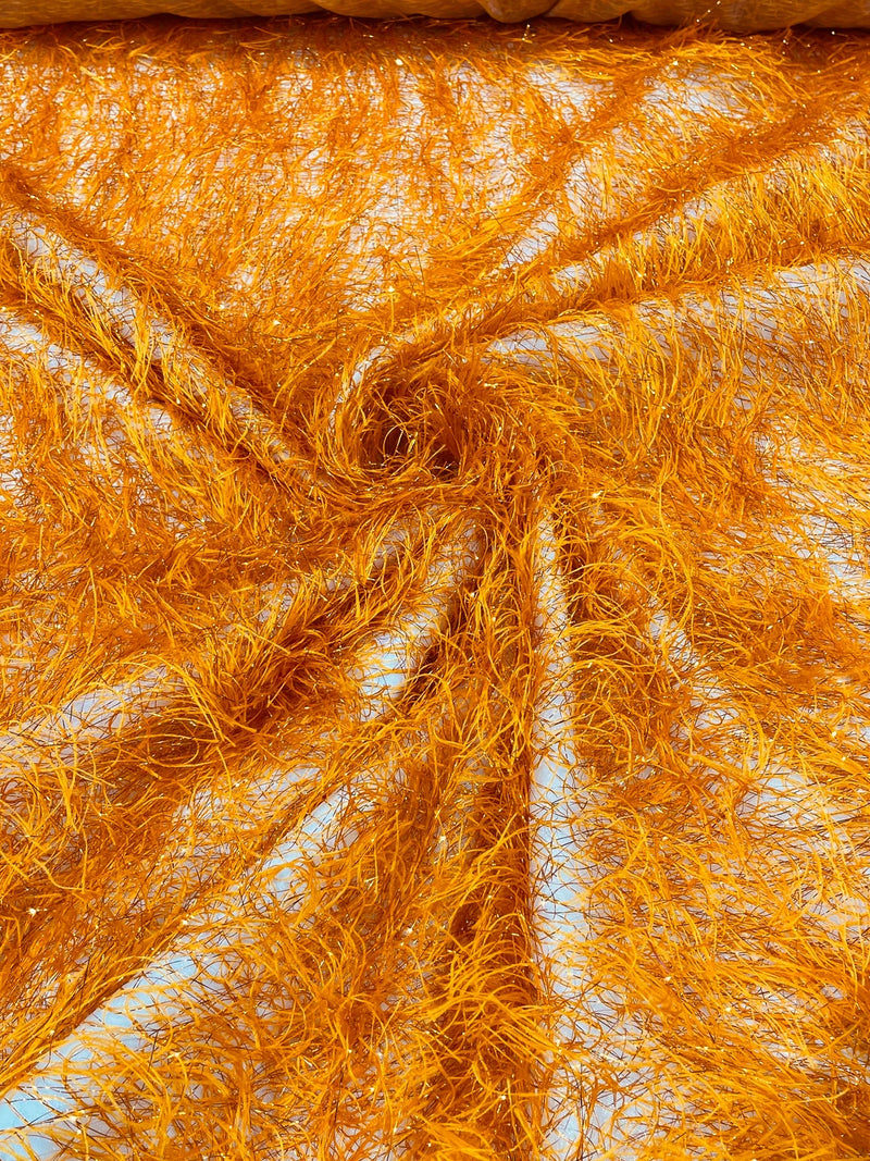 Metallic Eyelash Fabric - Orange - Feather/Eyelash/Fringe Design on Mesh By Yard