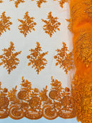 Floral Lace Flower Fabric - Orange - Floral Embroidered Fabric with Sequins on Lace By Yard