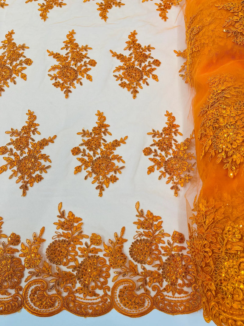 Floral Lace Flower Fabric - Orange - Floral Embroidered Fabric with Sequins on Lace By Yard