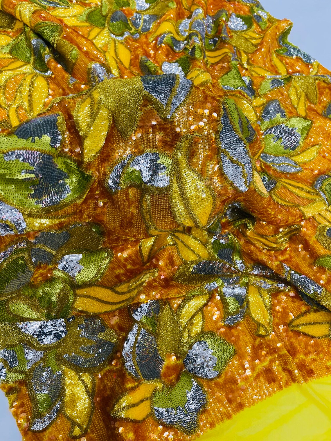 Orchid Design Sequins - Orange - 4 Way Stretch Full Sequins Floral Design Mesh Fabric By Yard