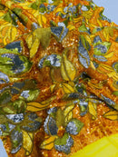 Orchid Design Sequins - Orange - 4 Way Stretch Full Sequins Floral Design Mesh Fabric By Yard