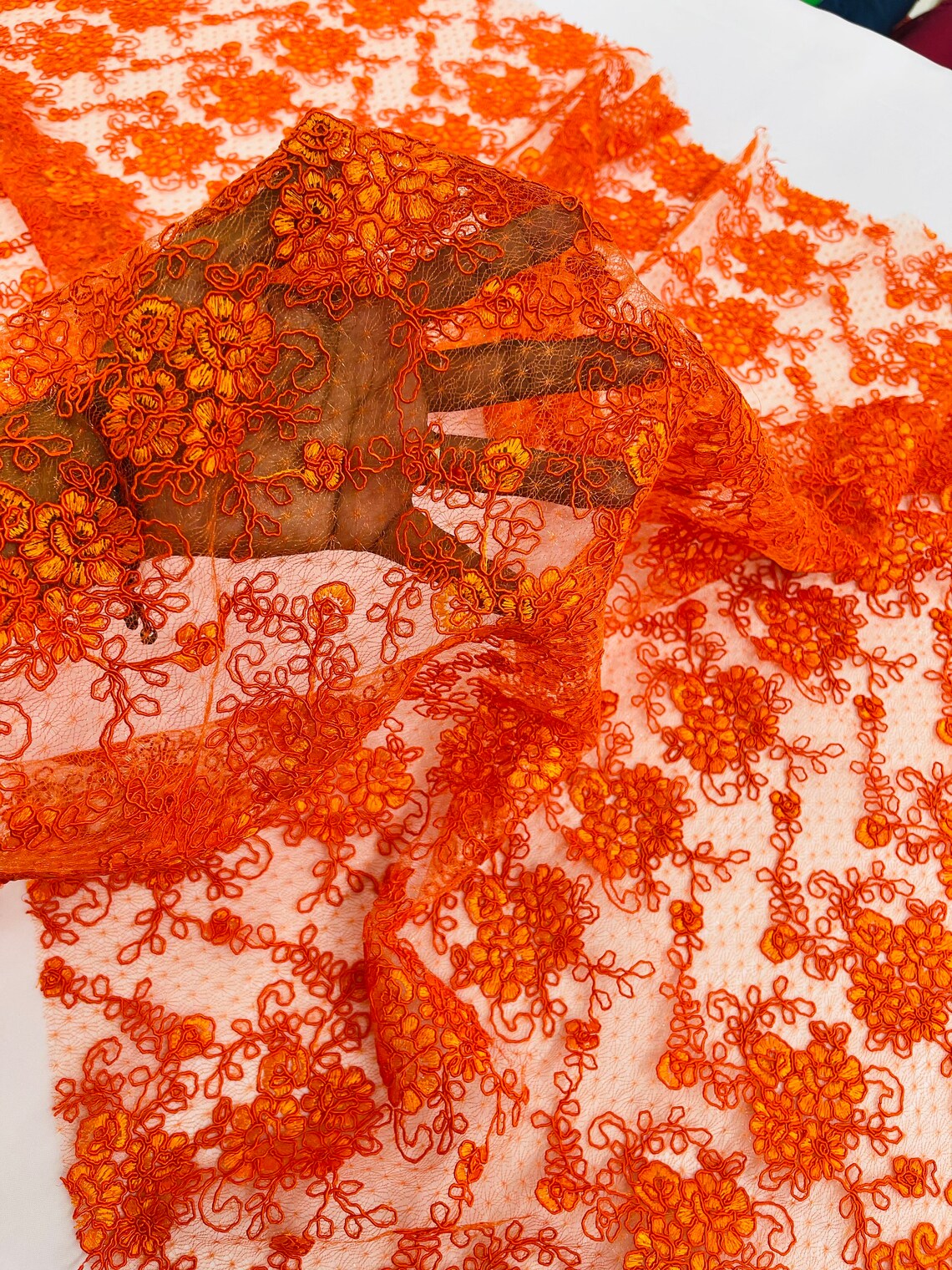 Embroidered Flower Fabric - Orange - Floral Design Scalloped Border Fabric By Yard