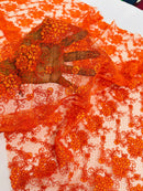 Embroidered Flower Fabric - Orange - Floral Design Scalloped Border Fabric By Yard