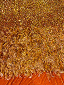 Feather Sequin Velvet Fabric - Orange - 5mm Sequins Velvet 2 Way Stretch 58/60" Fabric By Yard