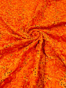 Satin Rosette Sequins Fabric - Orange - 3D Rosette Satin Rose Fabric with Sequins By Yard