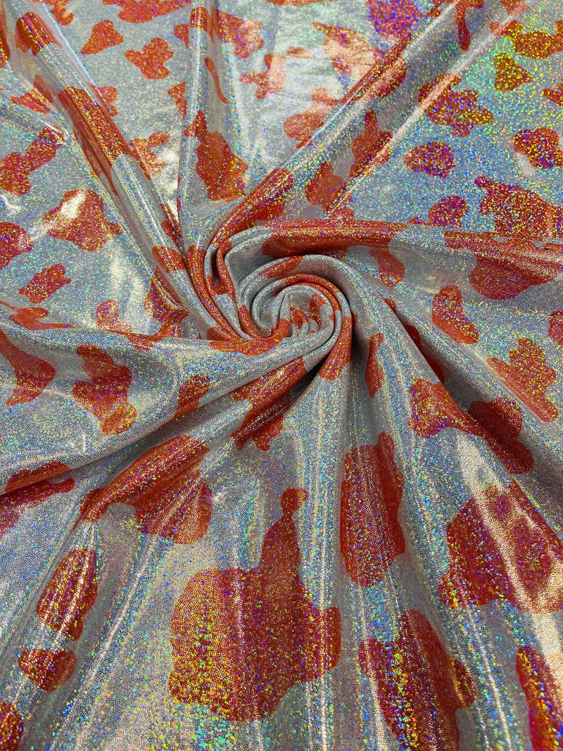 Cow Print Design Spandex - Orange - Holographic Print Poly Spandex 4 Way Stretch Fabric By Yard