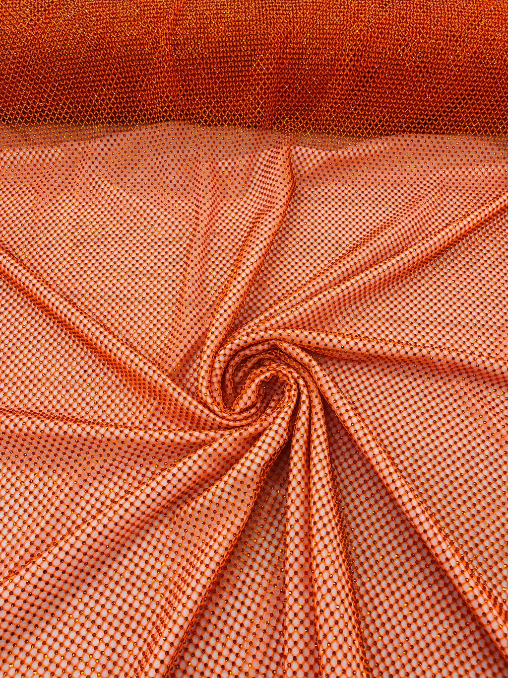 Fish Net Spandex Rhinestone Fabric - Orange - Solid Spandex Fish Net Design Fabric with Rhinestones by Yard