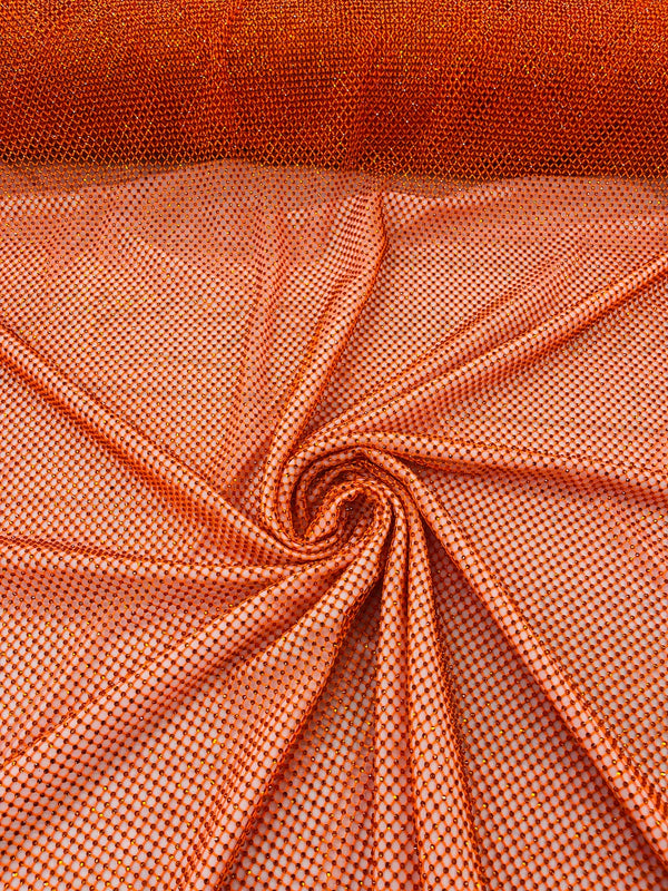 Fish Net Spandex Rhinestone Fabric - Orange - Solid Spandex Fish Net Design Fabric with Rhinestones by Yard