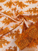 Floral Lace Fabric - Orange - Metallic Floral Design on Lace Mesh Fabric By Yard