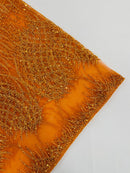 Heart & Feather Pattern Fabric - Orange - Embroidered Elegant Design with Beads Mesh Fabric Sold By Yard