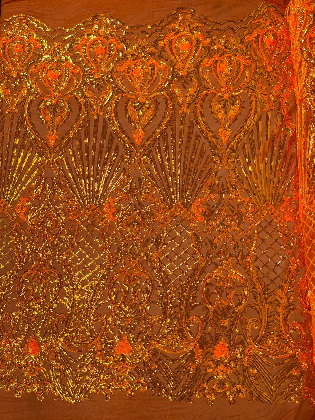 Damask Geometric Sequins - Orange - 4 Way Stretch Sequins Damask Pattern Design Sold By Yard