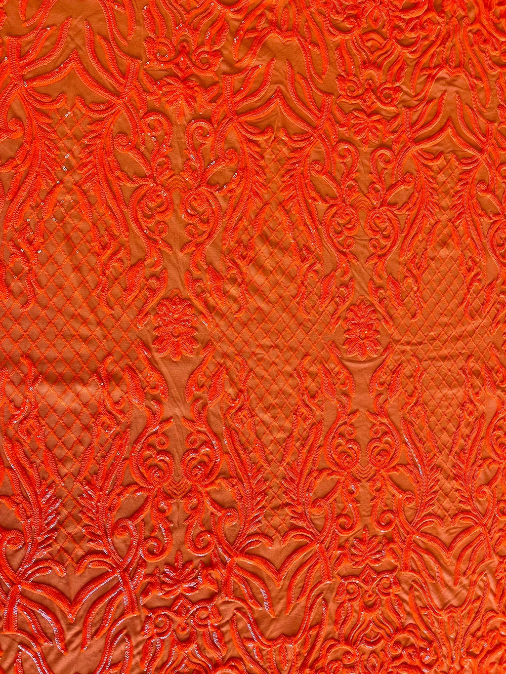 4 Way Stretch Fabric - Neon Orange - Sequins Design on Spandex Mesh Fashion Fabric