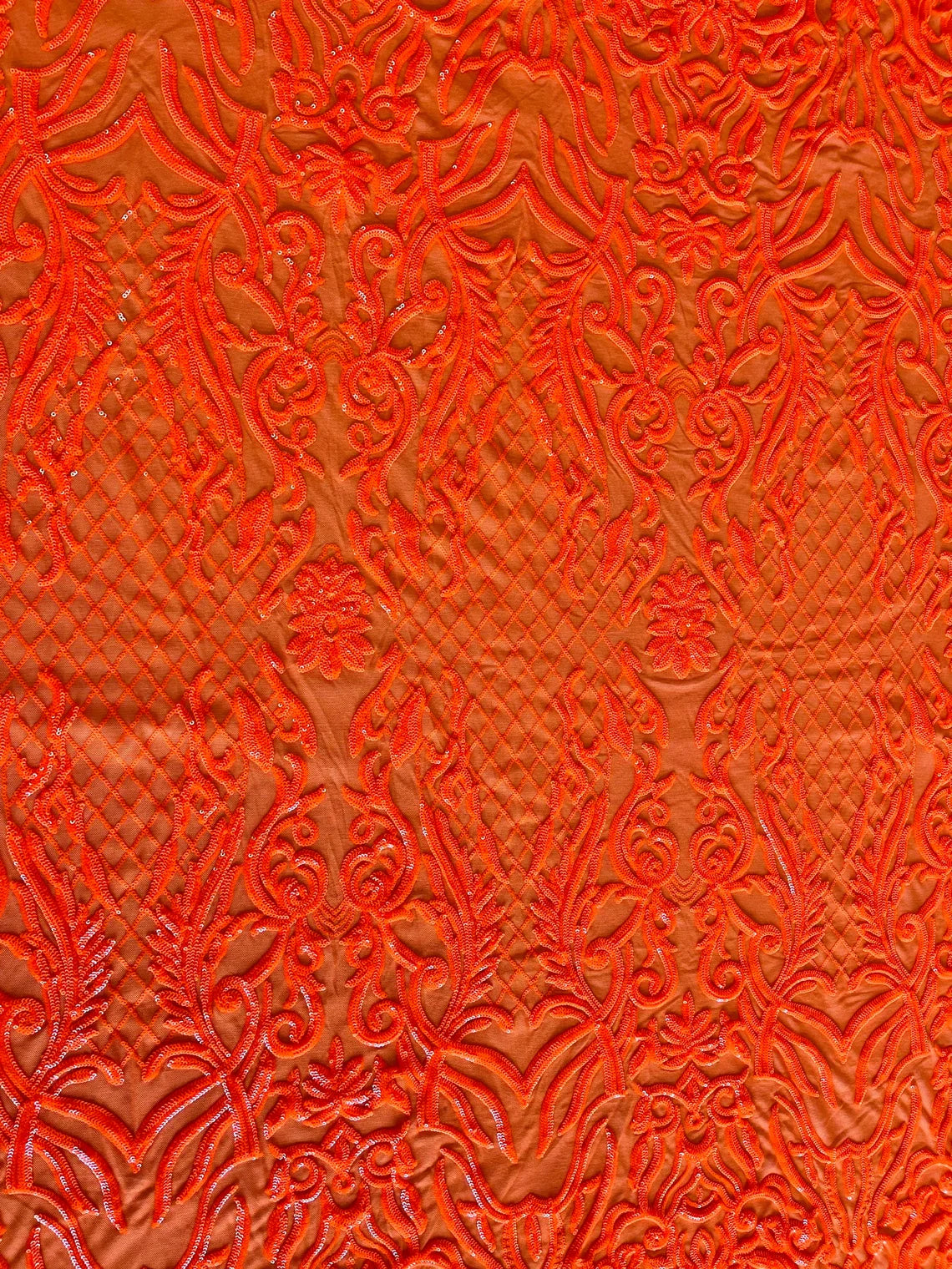 4 Way Stretch Fabric - Neon Orange - Sequins Design on Spandex Mesh Fashion Fabric