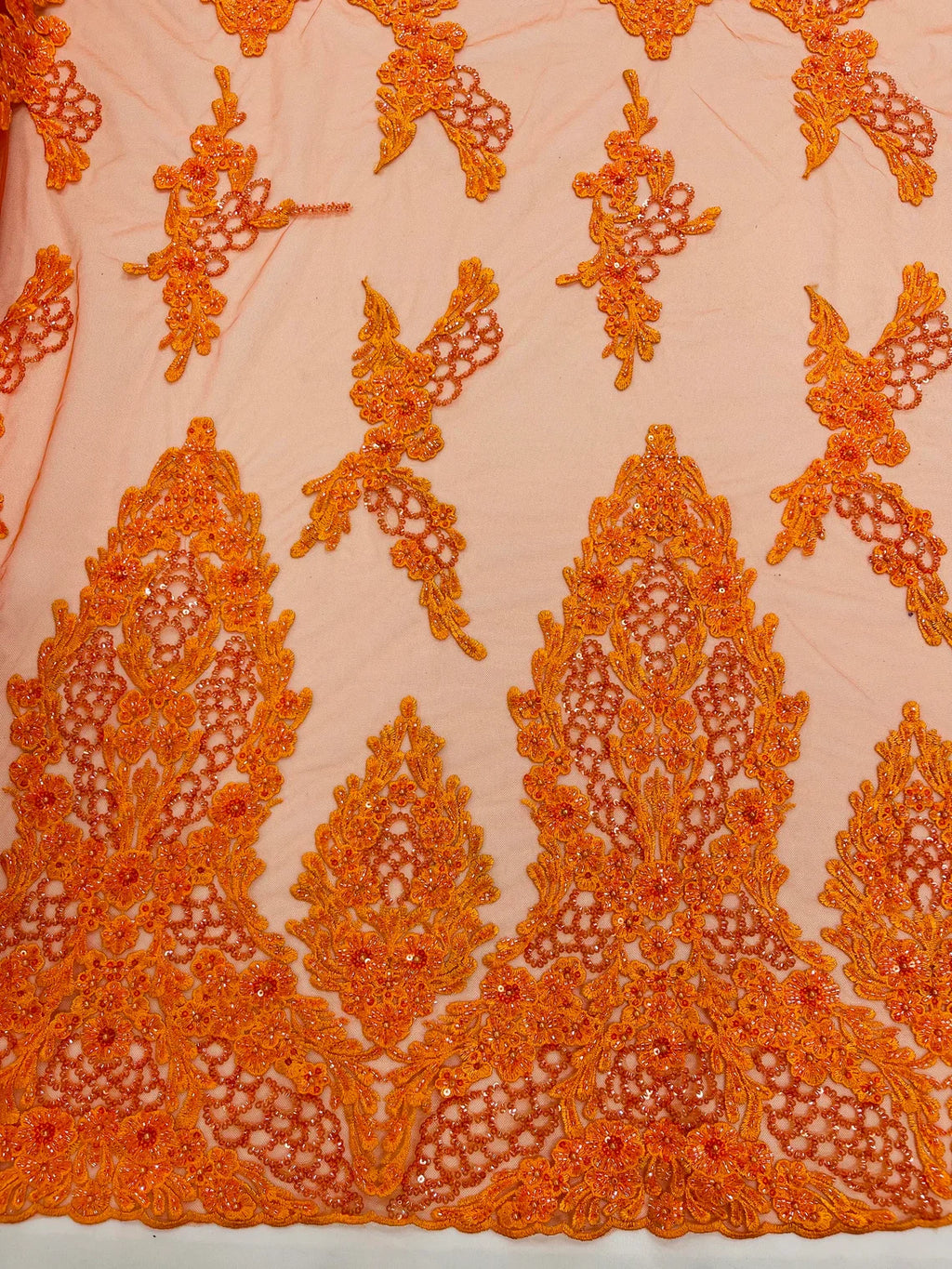Heavy Bead Floral Fabric - Orange - Beaded Flower Design Fabric Fancy Border By Yard