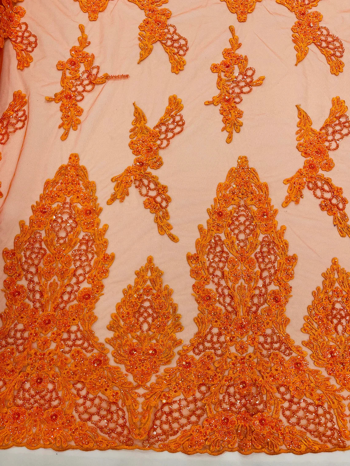 Heavy Bead Floral Fabric - Orange - Beaded Flower Design Fabric Fancy Border By Yard