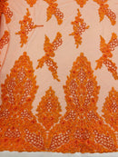 Heavy Bead Floral Fabric - Orange - Beaded Flower Design Fabric Fancy Border By Yard
