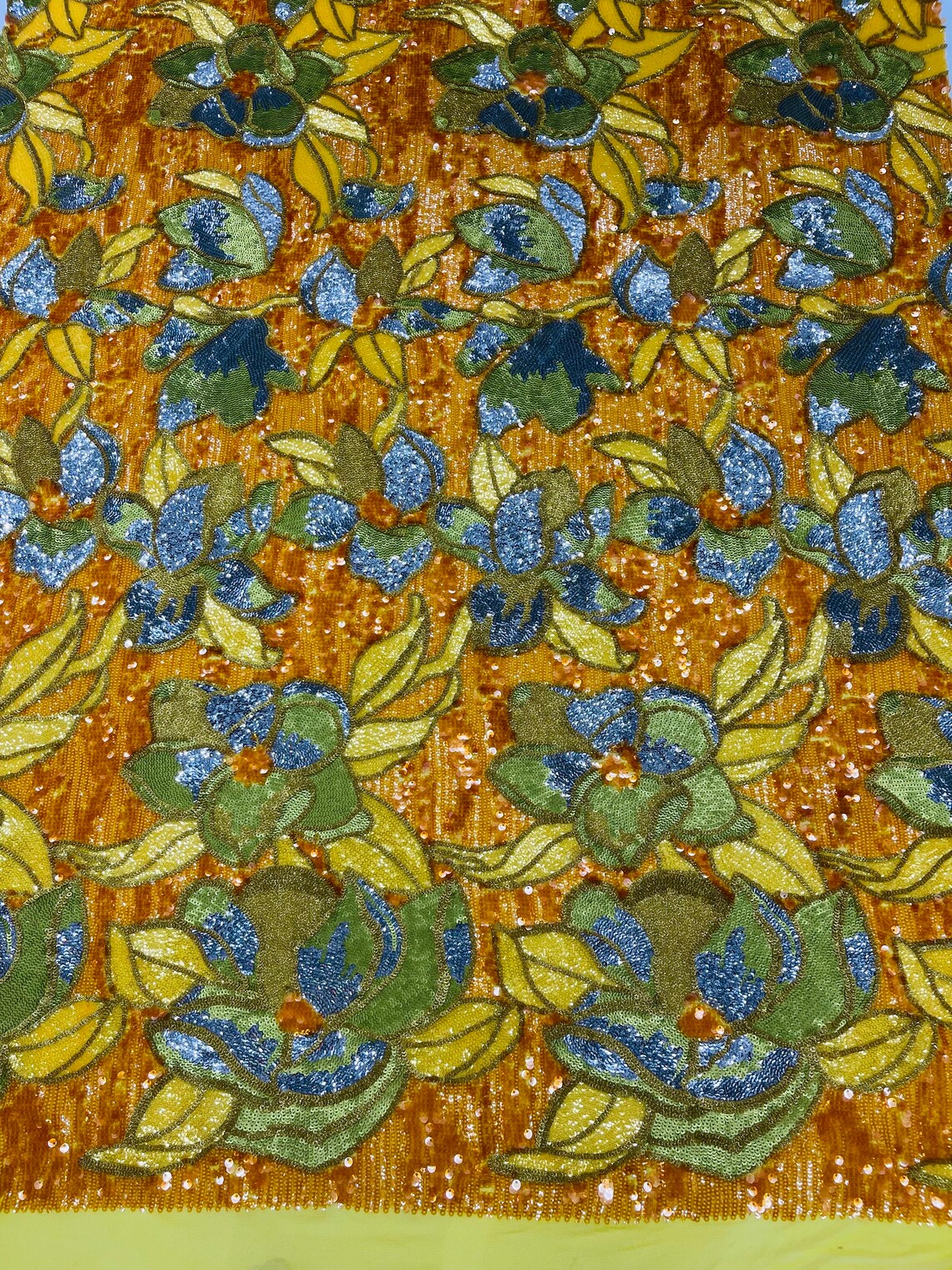 Orchid Design Sequins - Orange - 4 Way Stretch Full Sequins Floral Design Mesh Fabric By Yard