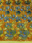 Orchid Design Sequins - Orange - 4 Way Stretch Full Sequins Floral Design Mesh Fabric By Yard