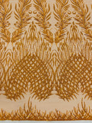 Heart & Feather Pattern Fabric - Orange - Embroidered Elegant Design with Beads Mesh Fabric Sold By Yard