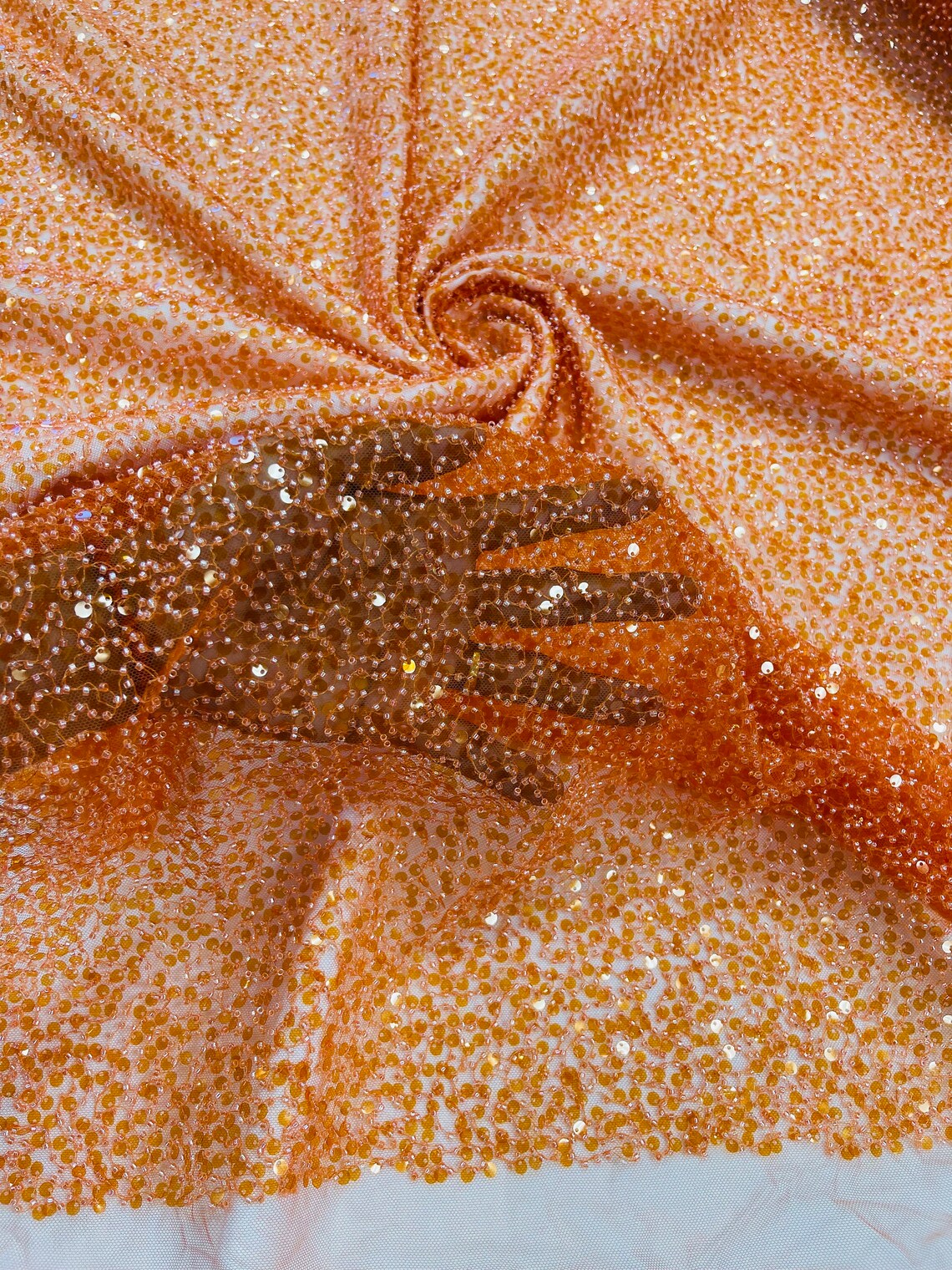 2 1/2 Pearl Sequins Bead Fabric - Orange - Small Beads and Sequins Embroidered on Lace