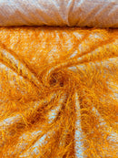 Metallic Eyelash Fabric - Orange - Feather/Eyelash/Fringe Design on Mesh By Yard