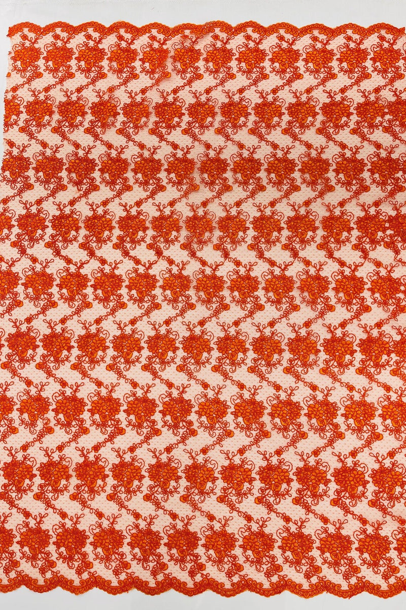 Embroidered Flower Fabric - Orange - Floral Design Scalloped Border Fabric By Yard