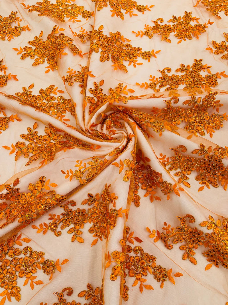 Floral Lace Fabric - Orange - Metallic Floral Design on Lace Mesh Fabric By Yard