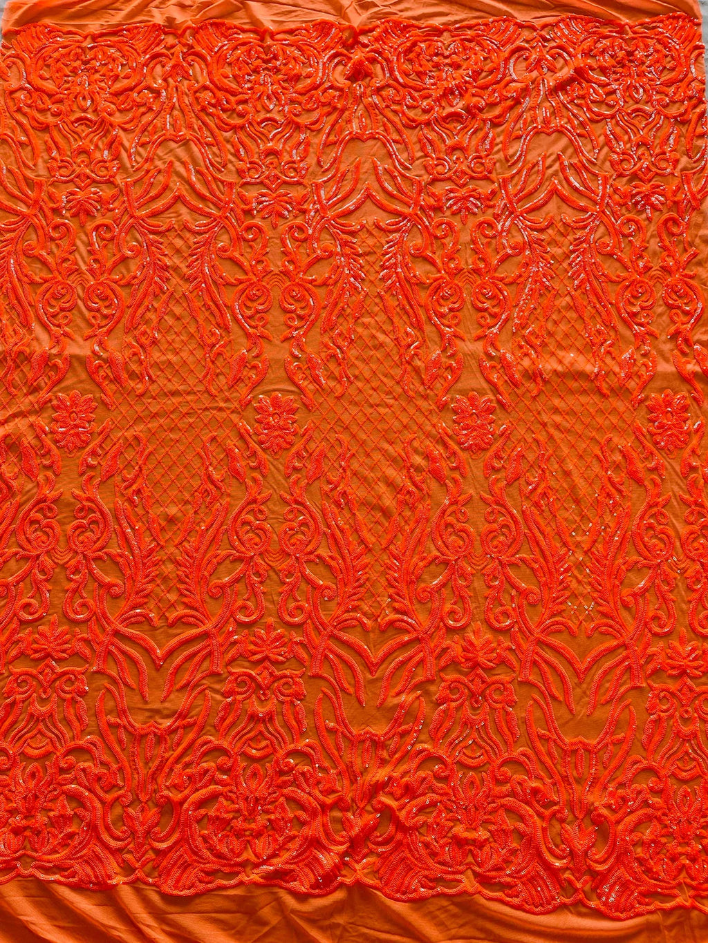 4 Way Stretch Fabric - Neon Orange - Sequins Design on Spandex Mesh Fashion Fabric