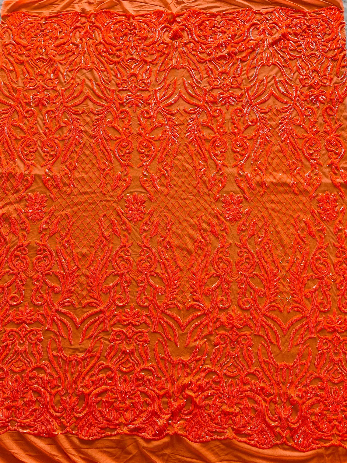 4 Way Stretch Fabric - Neon Orange - Sequins Design on Spandex Mesh Fashion Fabric