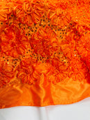 Satin Rosette Sequins Fabric - Orange - 3D Rosette Satin Rose Fabric with Sequins By Yard