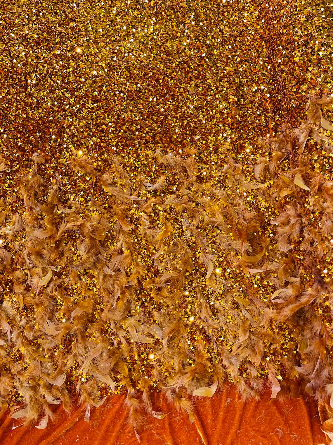 Feather Sequin Velvet Fabric - Orange - 5mm Sequins Velvet 2 Way Stretch 58/60" Fabric By Yard