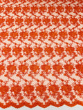 Embroidered Flower Fabric - Orange - Floral Design Scalloped Border Fabric By Yard
