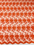 Embroidered Flower Fabric - Orange - Floral Design Scalloped Border Fabric By Yard