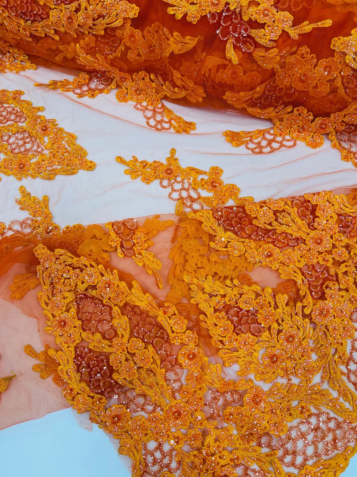 Heavy Bead Floral Fabric - Orange - Beaded Flower Design Fabric Fancy Border By Yard