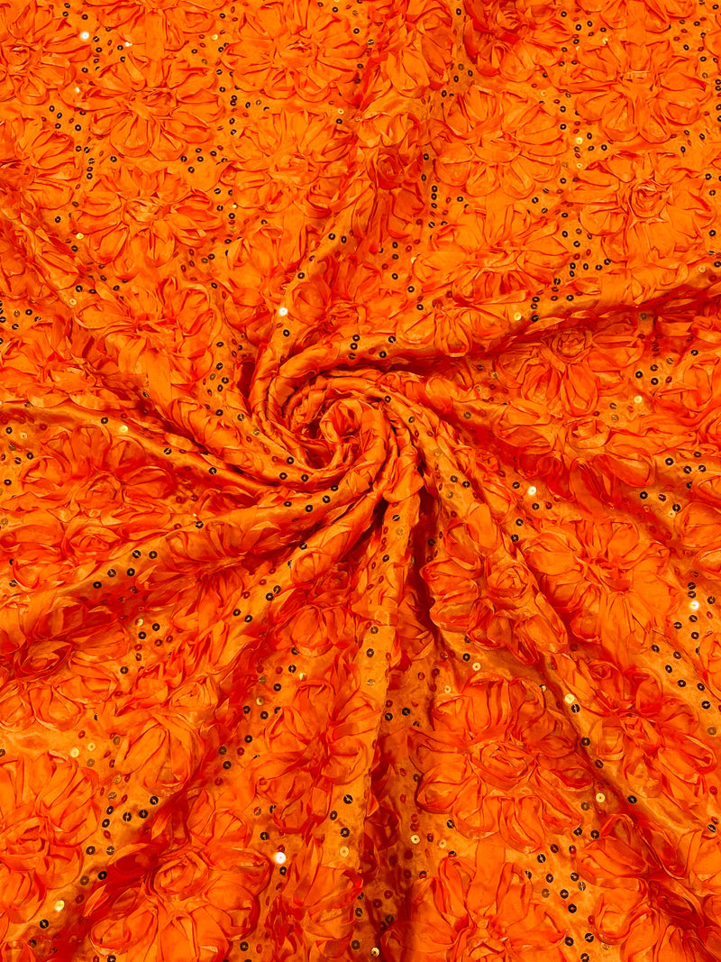 Satin Rosette Sequins Fabric - Orange - 3D Rosette Satin Rose Fabric with Sequins By Yard