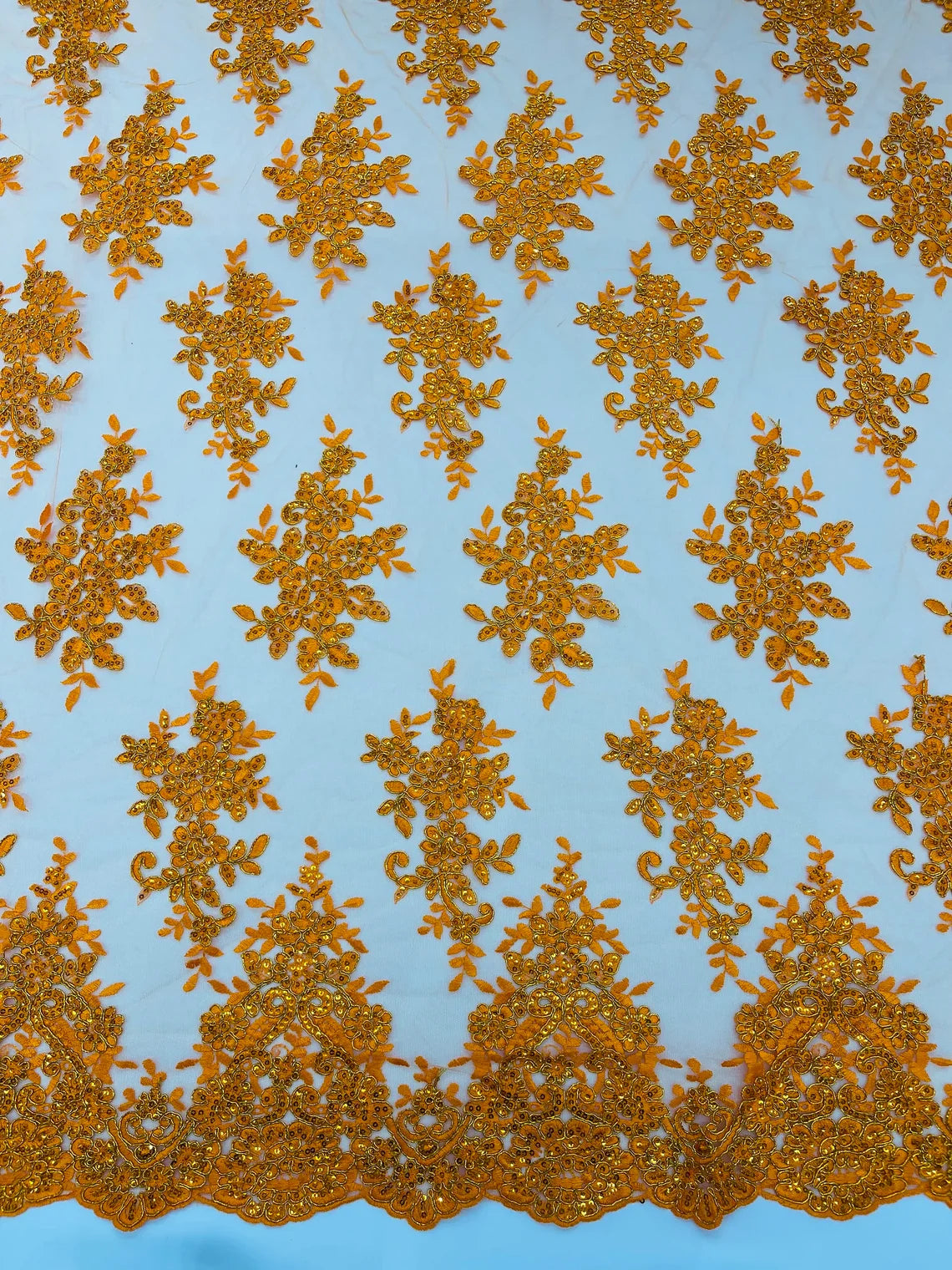 Floral Lace Fabric - Orange - Metallic Floral Design on Lace Mesh Fabric By Yard