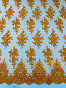 Floral Lace Fabric - Orange - Metallic Floral Design on Lace Mesh Fabric By Yard