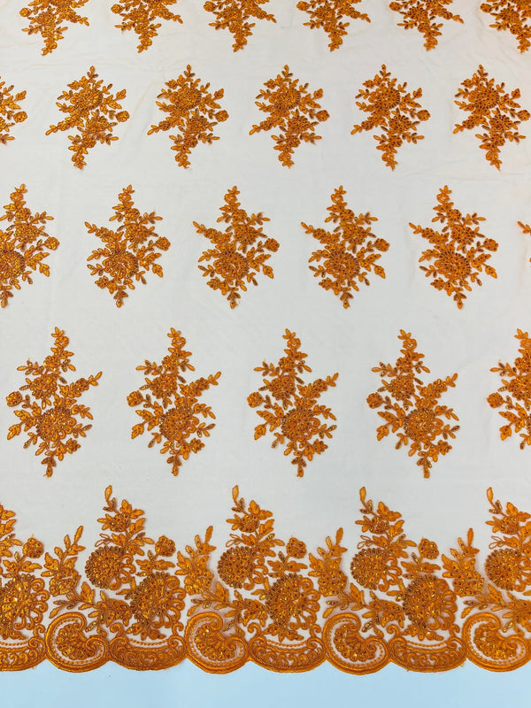 Floral Lace Flower Fabric - Orange - Floral Embroidered Fabric with Sequins on Lace By Yard