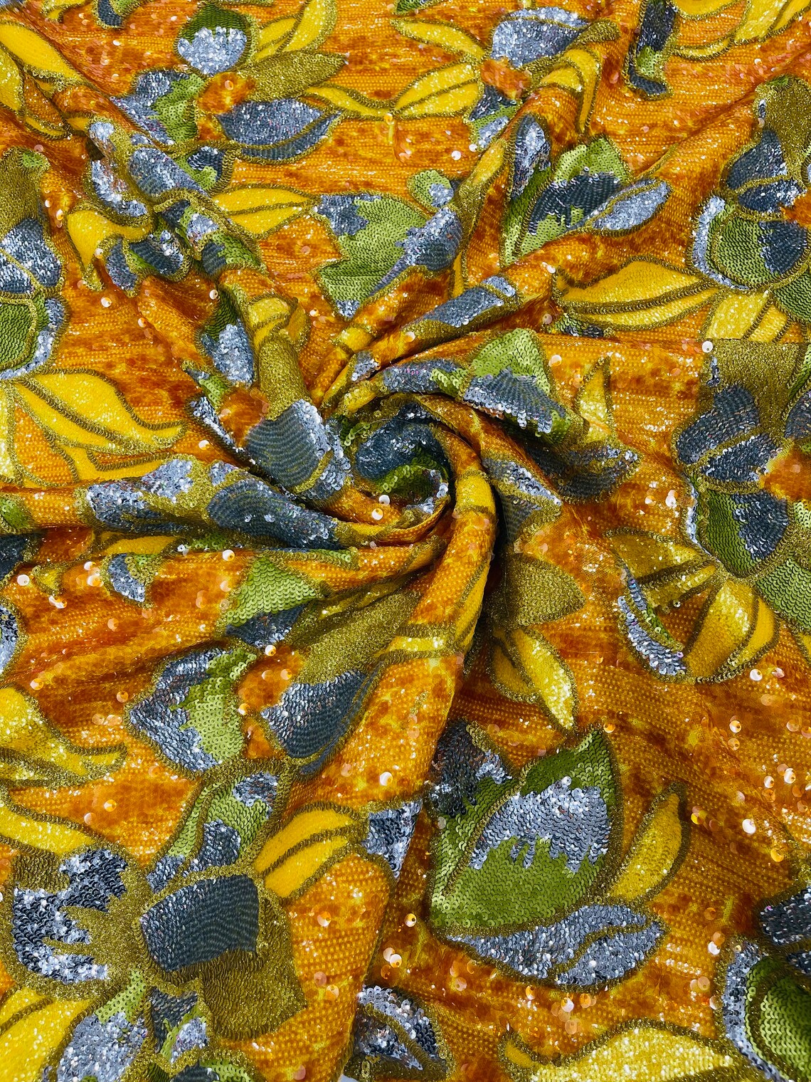 Orchid Design Sequins - Orange - 4 Way Stretch Full Sequins Floral Design Mesh Fabric By Yard