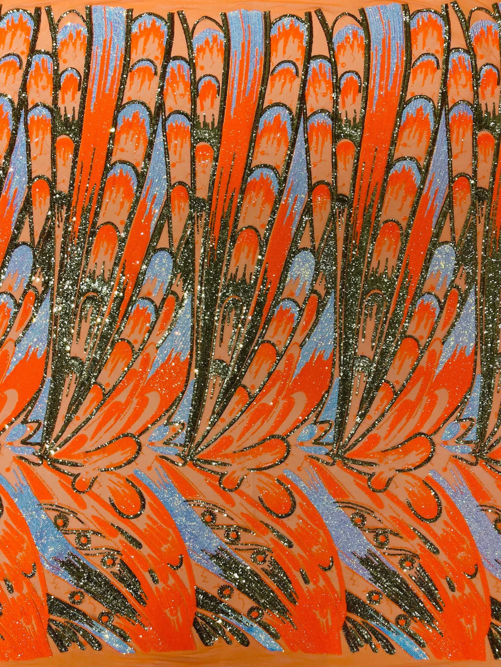 Multi-Color Sequins Design - Orange / Aqua / Gold - 4 Way Stretch Sequins Fabric By The Yard