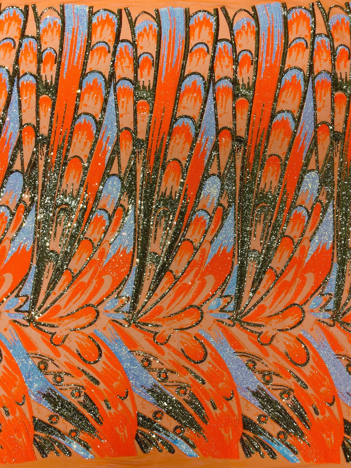 Multi-Color Sequins Design - Orange / Aqua / Gold - 4 Way Stretch Sequins Fabric By The Yard