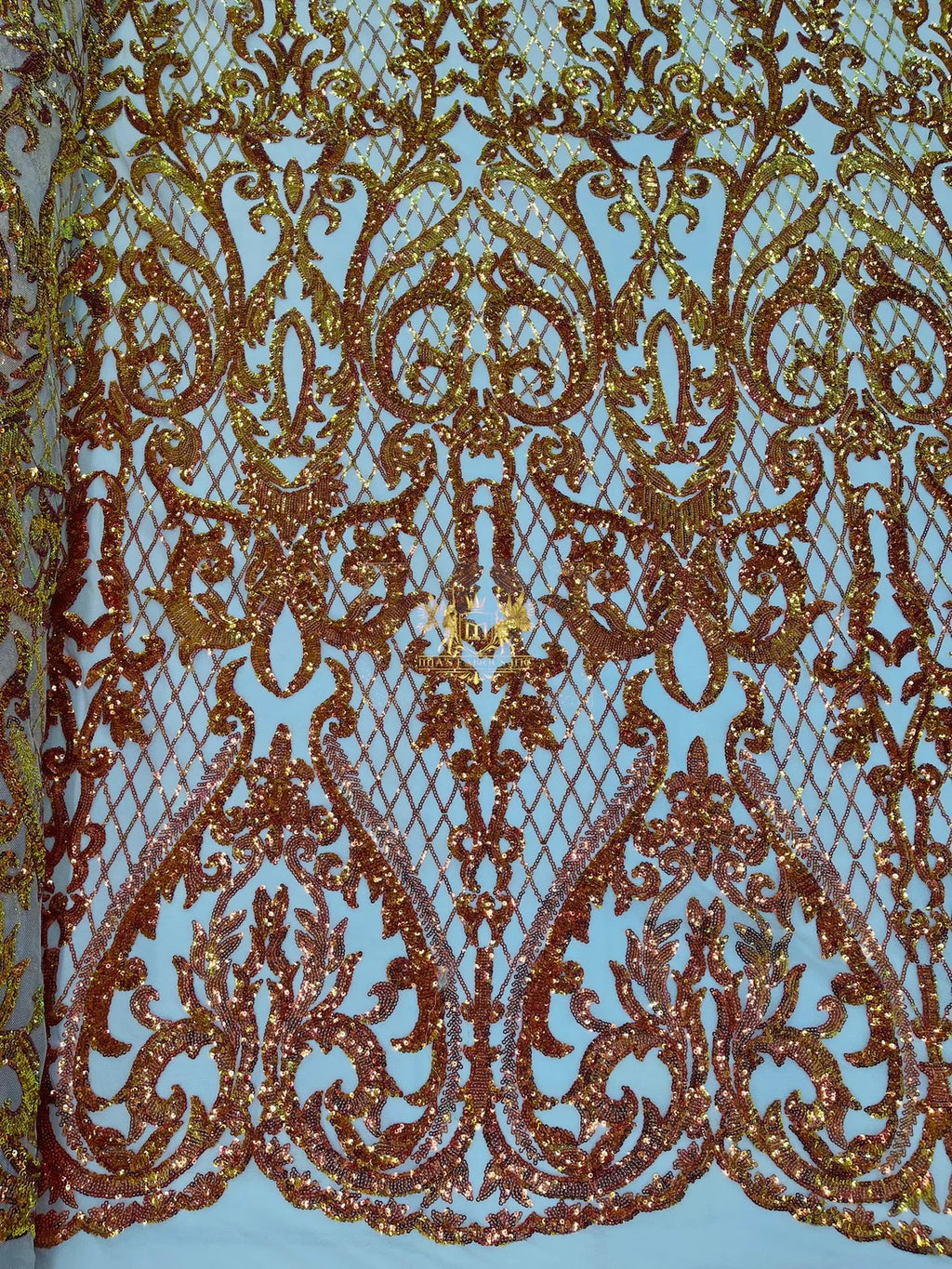 Heart Damask Sequins - Orange/Gold Iridescent - 4 Way Stretch Elegant Shiny Net Sequins Fabric By Yard